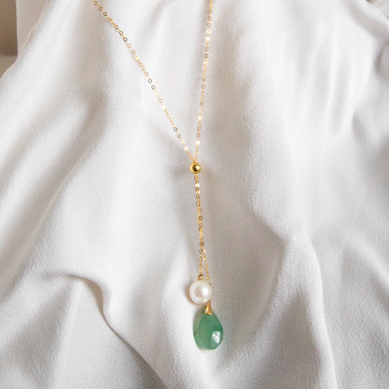 Jade & Freshwater Pearl Adjustable Lariat 18K Gold Necklace
