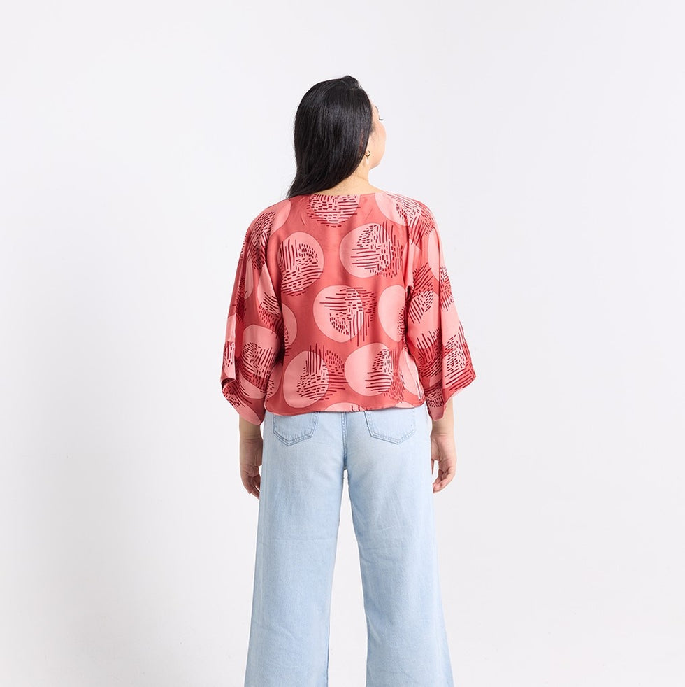 Batik Boutique Tie Front Kimono - Crimson Yuan Dian