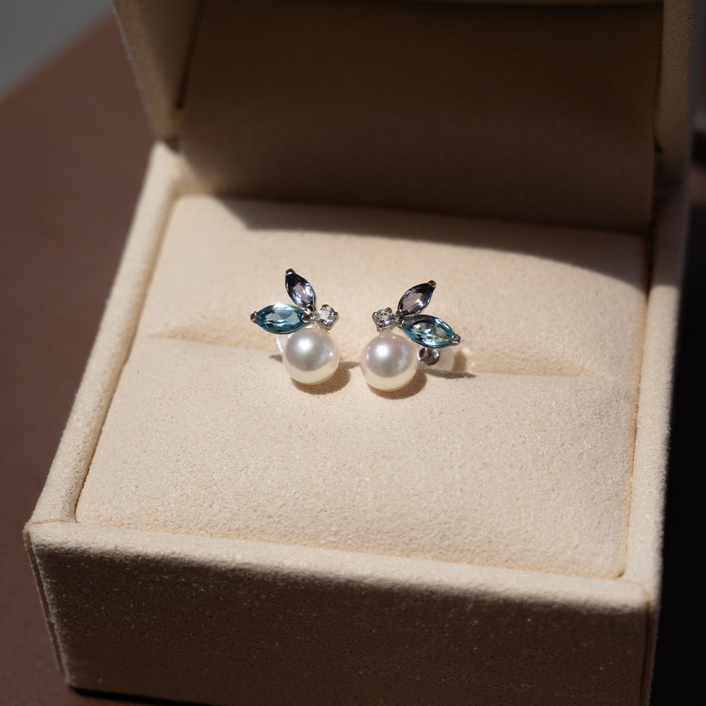 Blue Topaz, Iolite, Akoya Pearl Studs