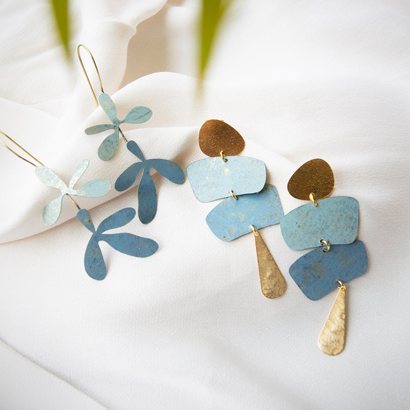Double Blue Floral Earrings with Patina