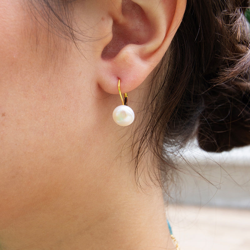White Button Pearl Earrings with Back Clasp