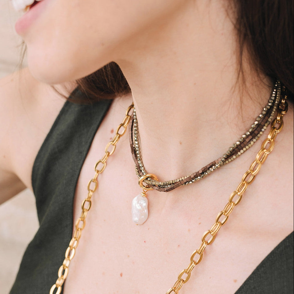 Velatti Necklace with Pyrite, Hematite and Freshwater Pearls