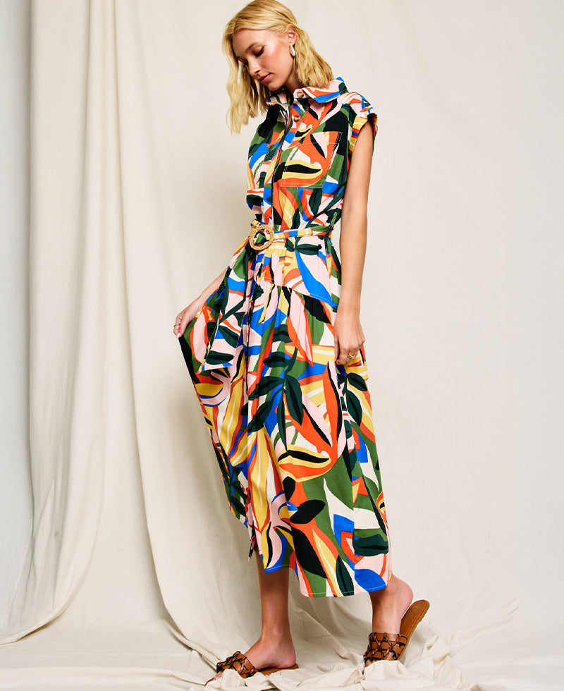 Dress Forum Tropical Kaleidoscope Sash Belt Shirt Dress