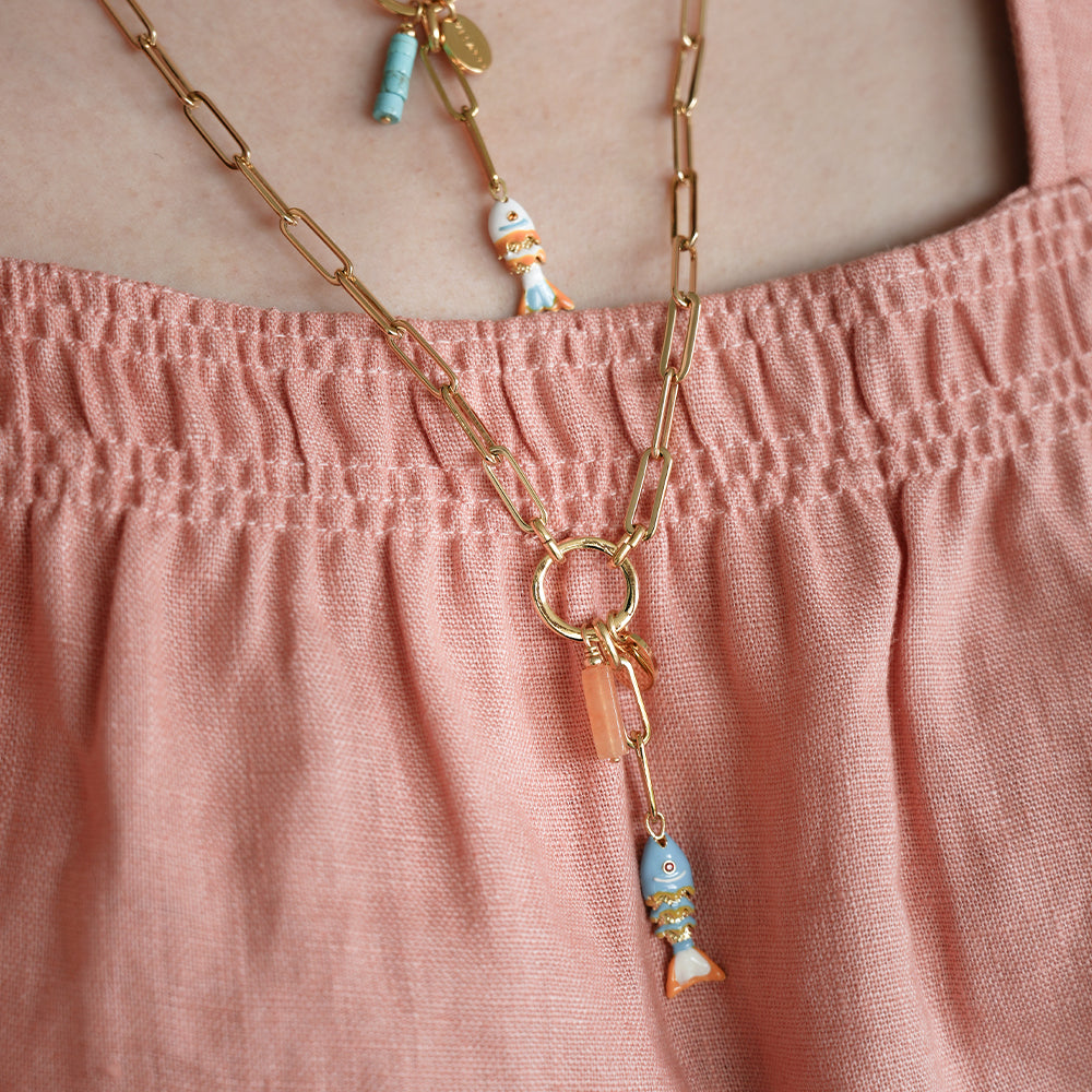 Velatti Gem & Fish Charm Link Chain Necklace