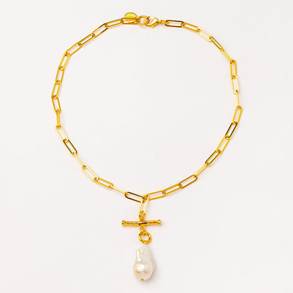 gold chain link necklace with baroque pearl