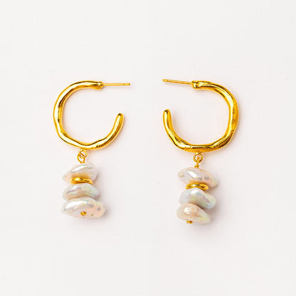 gold plated hoop earrings with stacked freshwater pearls