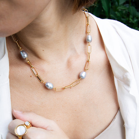 Velatti Short Link Chain with Freshwater Pearls