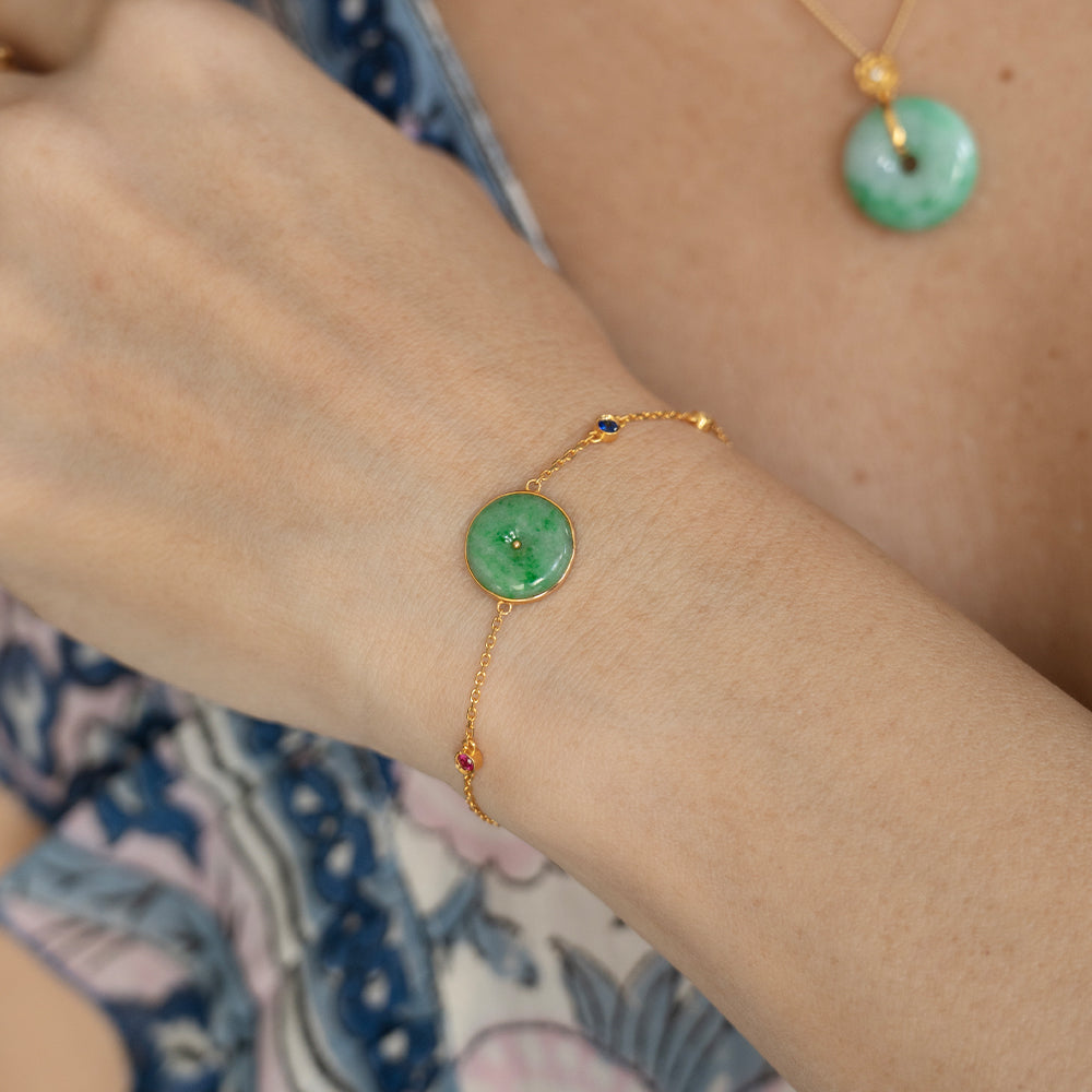 Jade Donut 18k Gold Bracelet with Ruby, Sapphire & Tsavorite