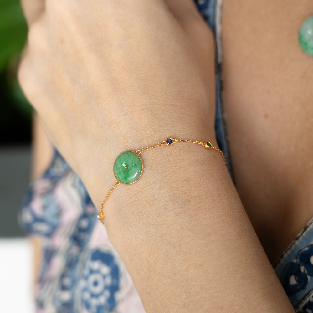 Jade Donut 18k Gold Bracelet with Ruby, Sapphire & Tsavorite