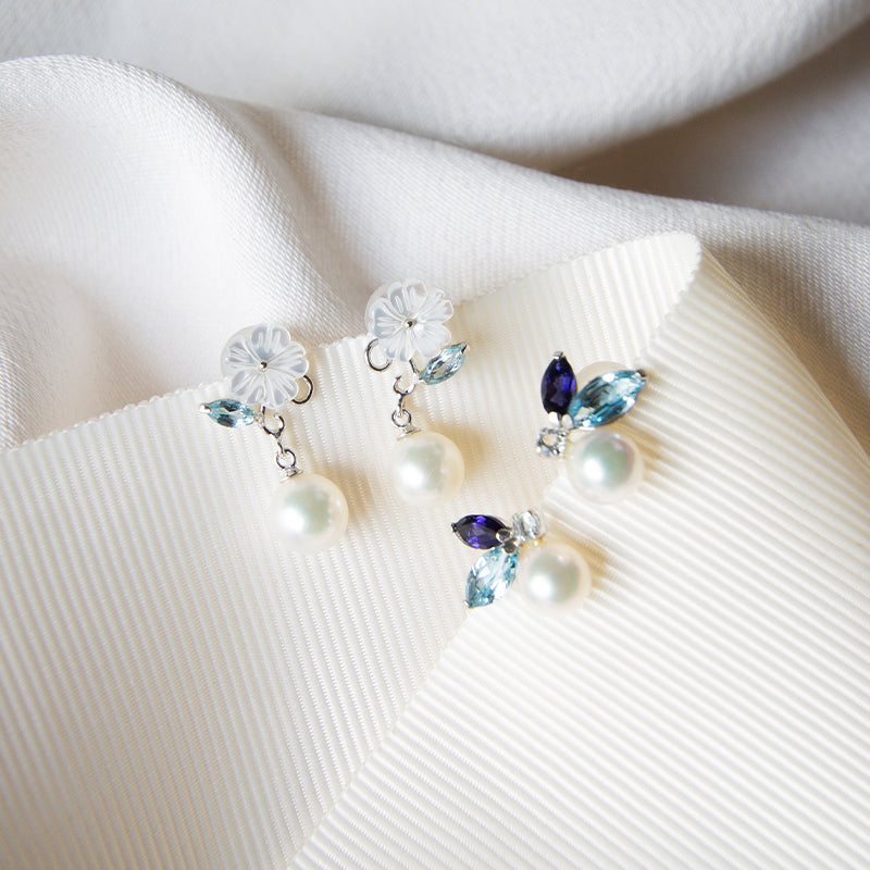 Blue Topaz, Iolite, Akoya Pearl Studs