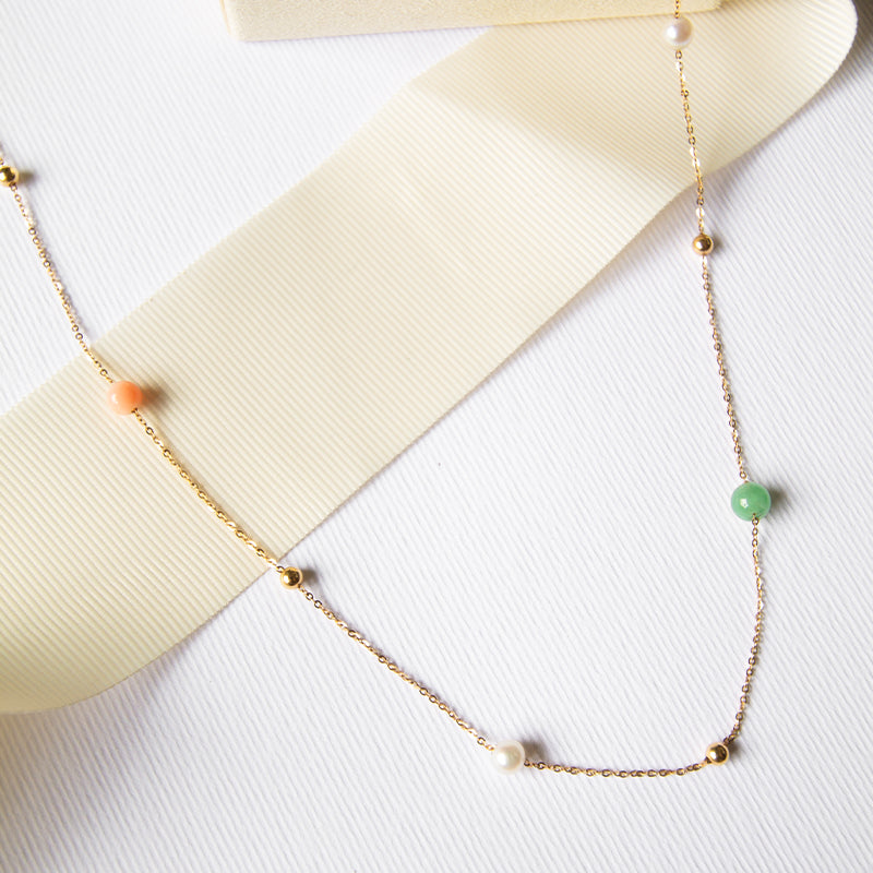 Multi Jade Long Necklace with Coral