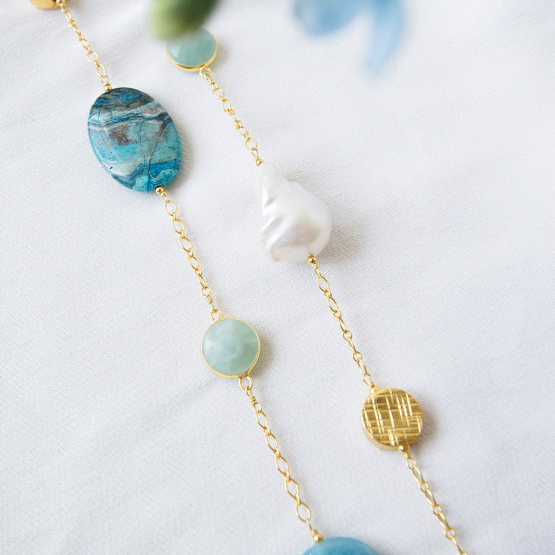 Baroque Pearl, Amazonite & Crazy Lace Agate Necklace
