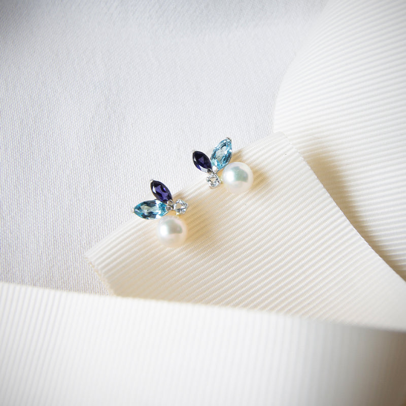 Blue Topaz, Iolite, Akoya Pearl Studs