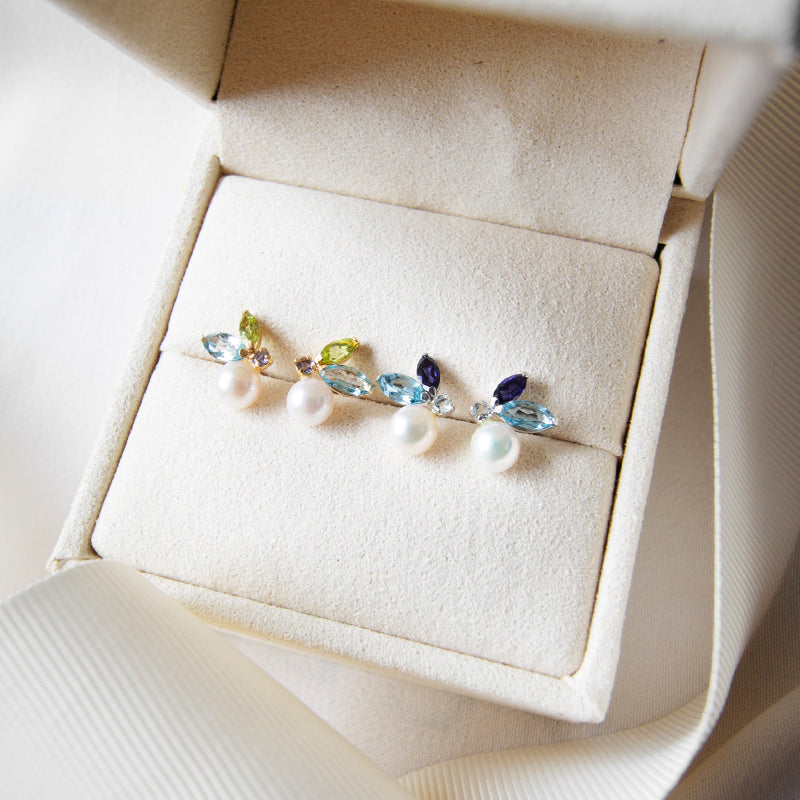 Blue Topaz, Iolite, Akoya Pearl Studs