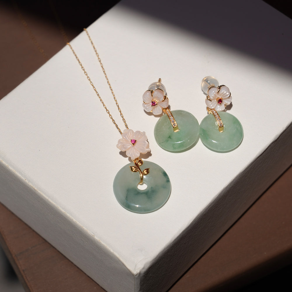 Pink Mother of Pearl Flower Ruby & Jade 18K Gold Necklace