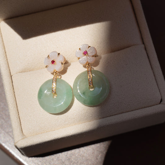 Pink Mother of Pearl Flower With Jade Donut 18K Gold Earrings