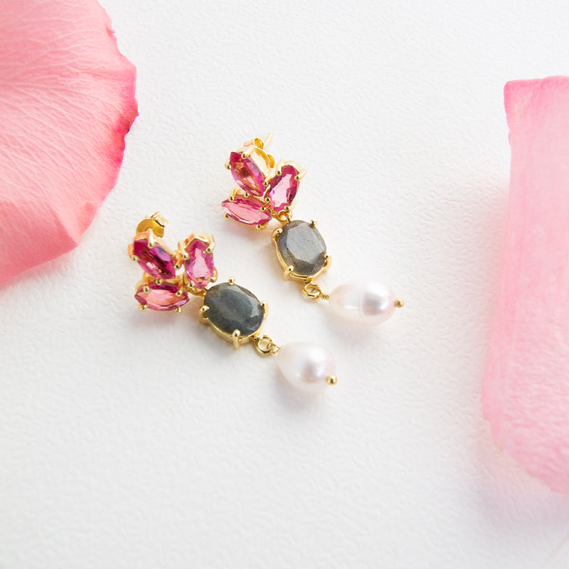 Pink Quartz, Labradorite & Freshwater Pearl Earrings