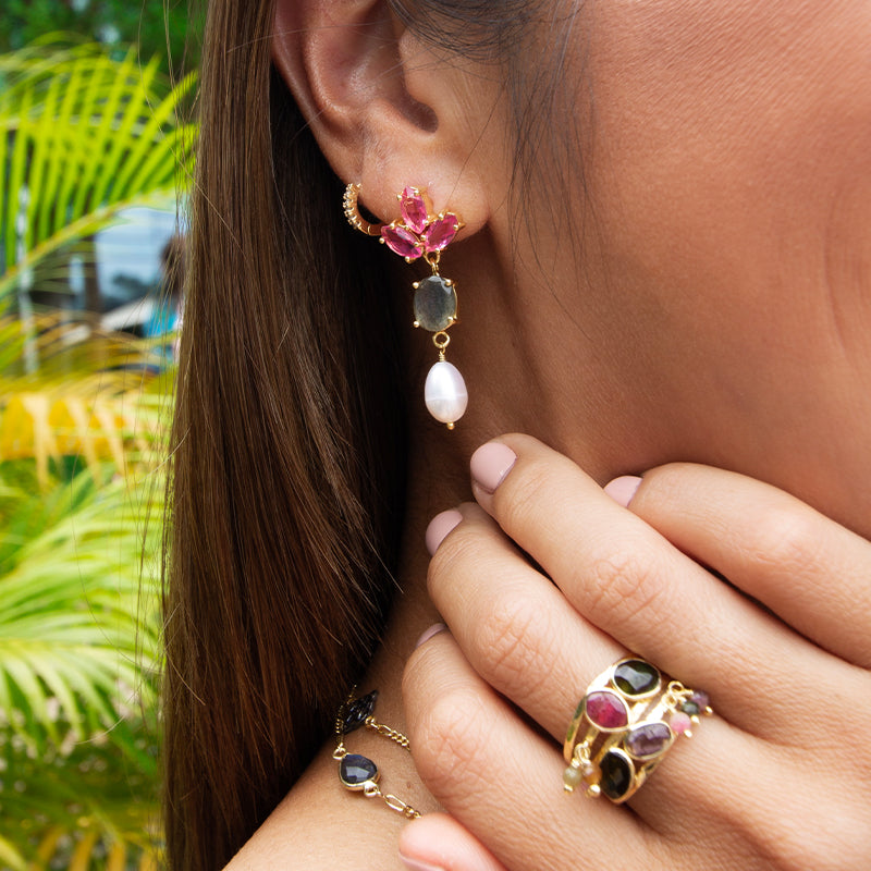 Pink Quartz, Labradorite & Freshwater Pearl Earrings