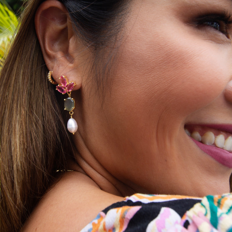 Pink Quartz, Labradorite & Freshwater Pearl Earrings