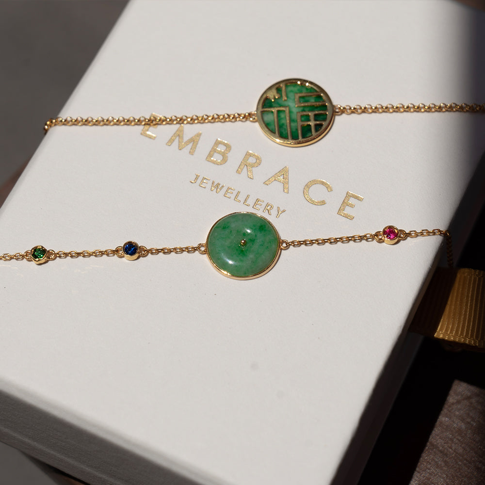 Jade Donut 18k Gold Bracelet with Ruby, Sapphire & Tsavorite