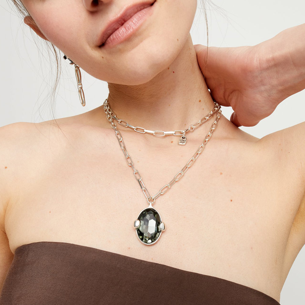 UNOde50 Long Necklace with Large Grey Oval Faceted Crystal