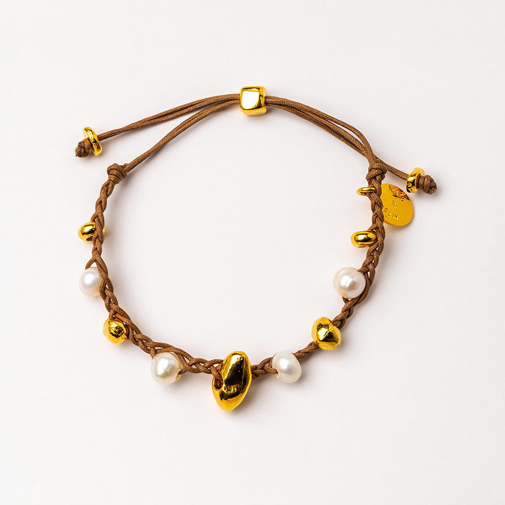 pearl and gold plated hand-braided cord bracelet