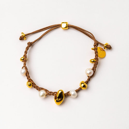 pearl and gold plated hand-braided cord bracelet