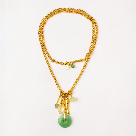Velatti Multi Charm Long Necklace with Aventurine, chalcedony, Jade, Citrine