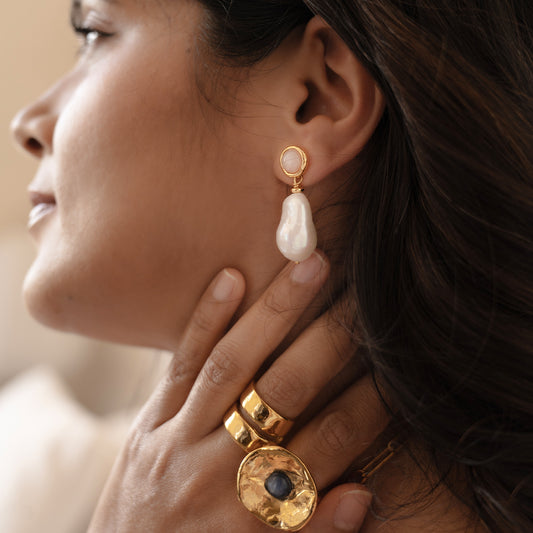 Velatti Peach Moonstone Earrings with Baroque Pearls