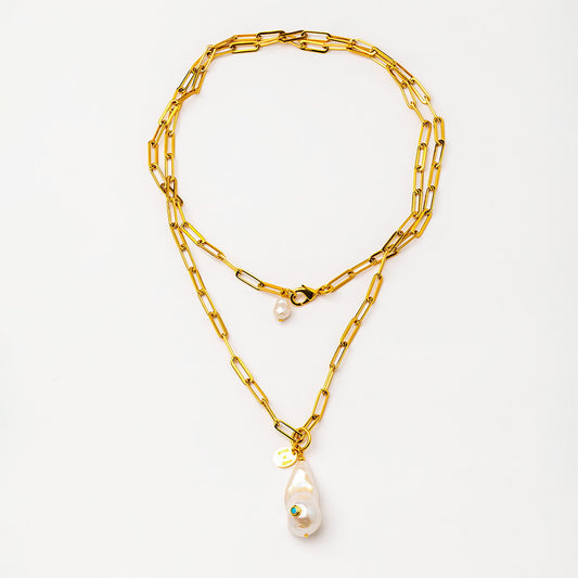 Velatti Single Baroque Pearl with Howlite on Long Links Necklace