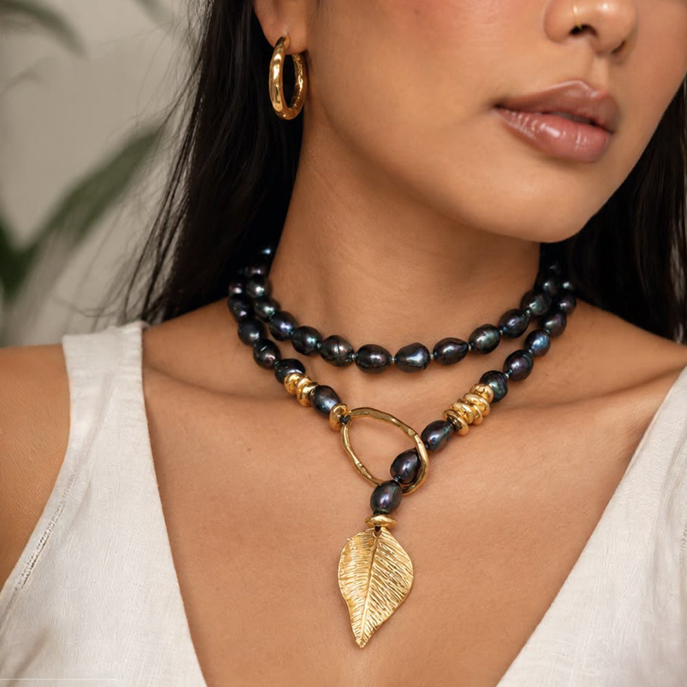 Velatti Long Lariat Leaf Necklace with Black Freshwater Pearls