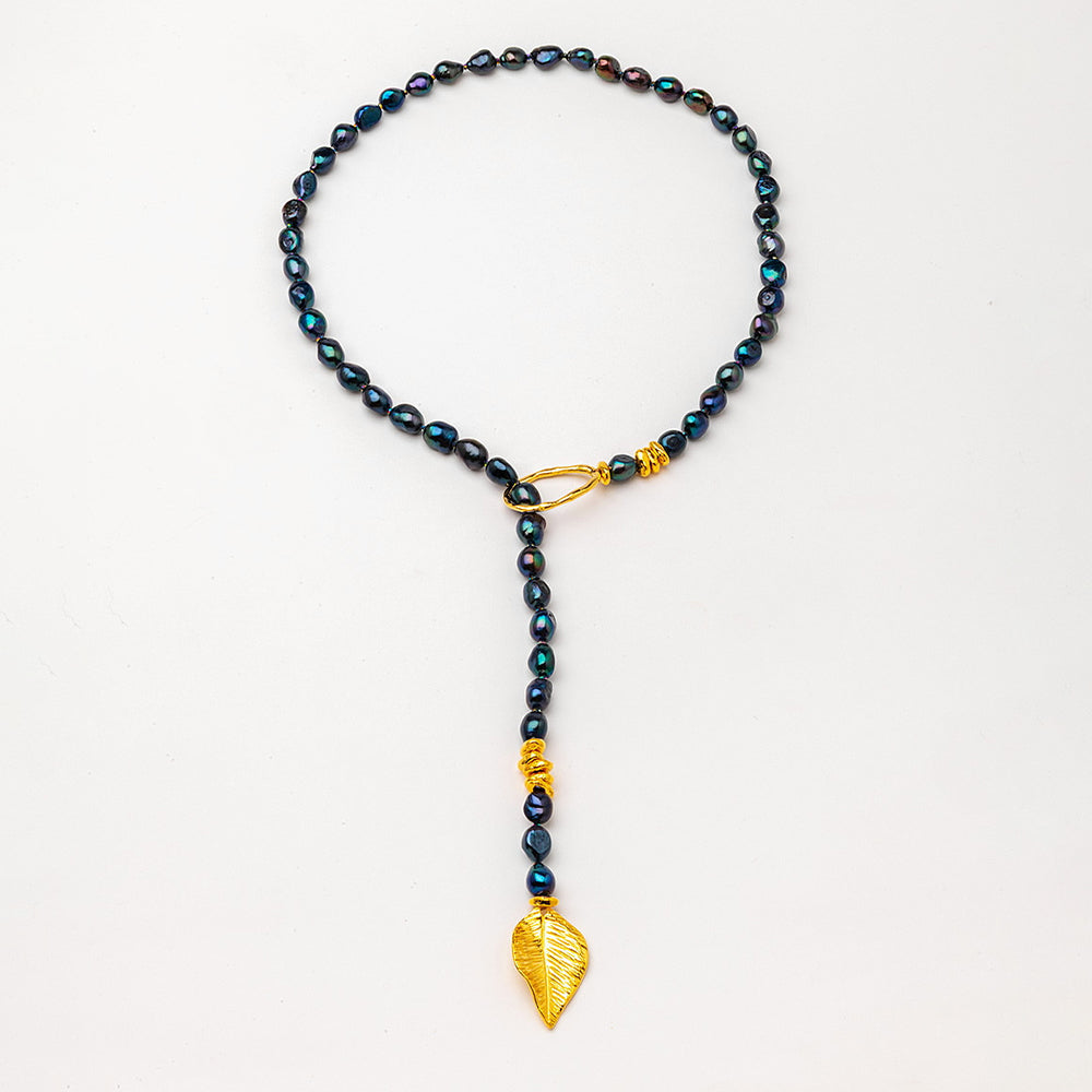 Velatti Long Lariat Leaf Necklace with Black Freshwater Pearls