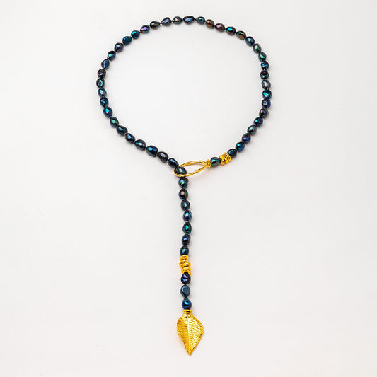 Velatti Long Lariat Leaf Necklace with Black Freshwater Pearls