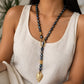 Velatti Long Lariat Leaf Necklace with Black Freshwater Pearls