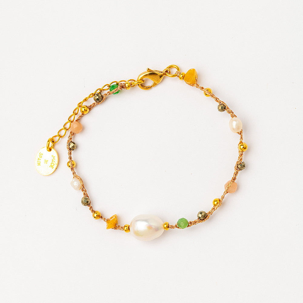 hand-braided metallic thread bracelet with gemstones and pearl