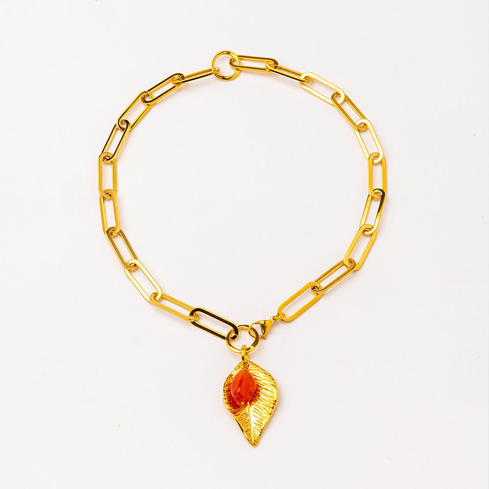 Velatti Leaf Charm Link Necklace with Gemstone