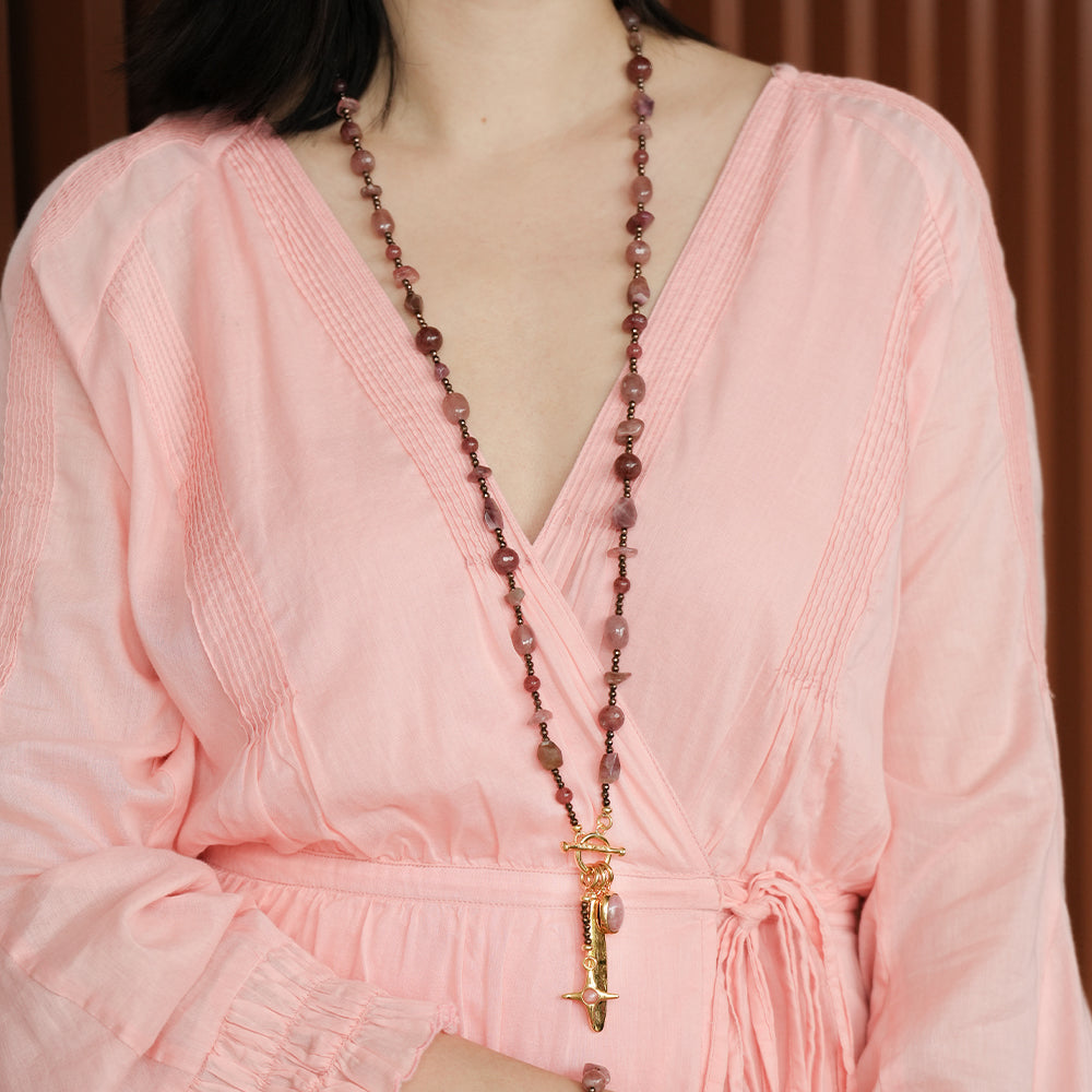 Velatti Long Necklace with Hematite, Tourmaline, Muscovite, Cherry Quartz