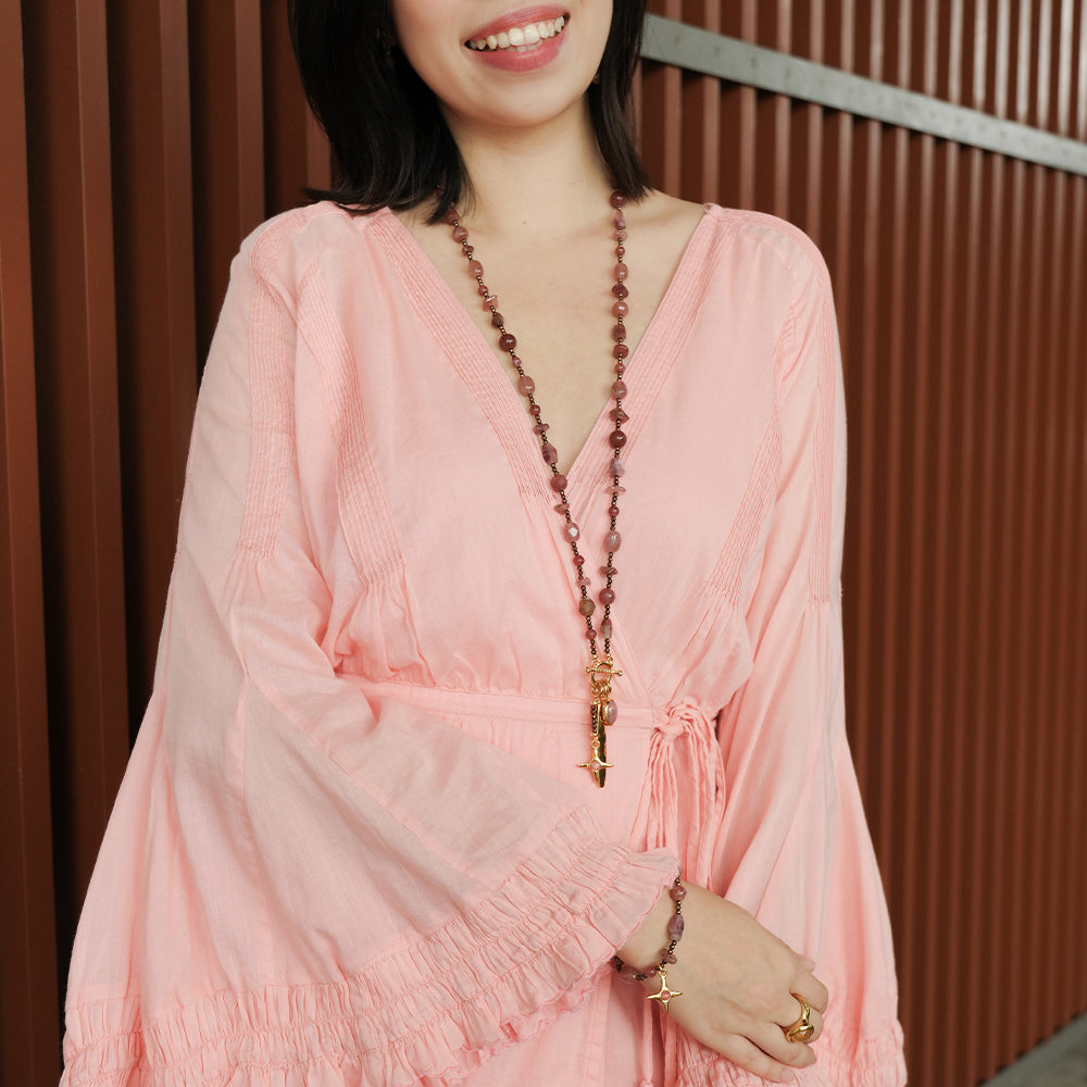 Velatti Long Necklace with Hematite, Tourmaline, Muscovite, Cherry Quartz