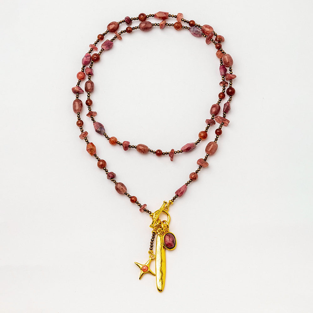 Velatti Long Necklace with Hematite, Tourmaline, Muscovite, Cherry Quartz