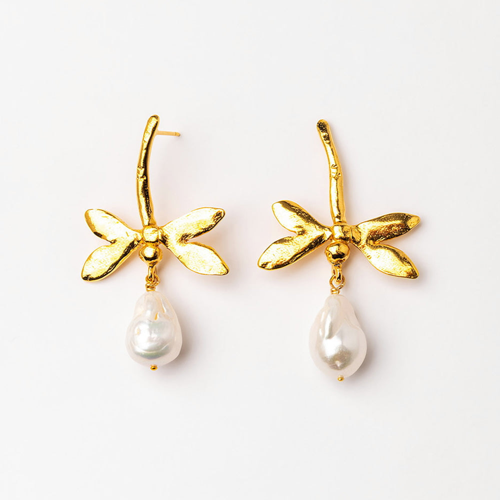 Velatti Dragonfly Studs with Freshwater Baroque Pearls