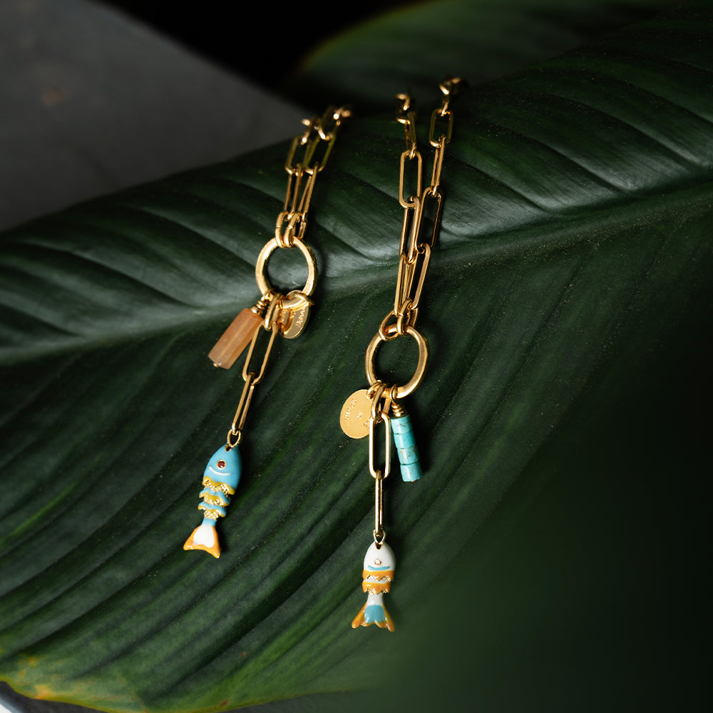 Velatti Gem & Fish Charm Link Chain Necklace