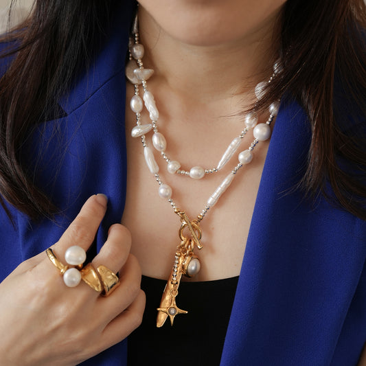 Velatti Celeste Star Long Necklace with Freshwater Pearl & Hematite