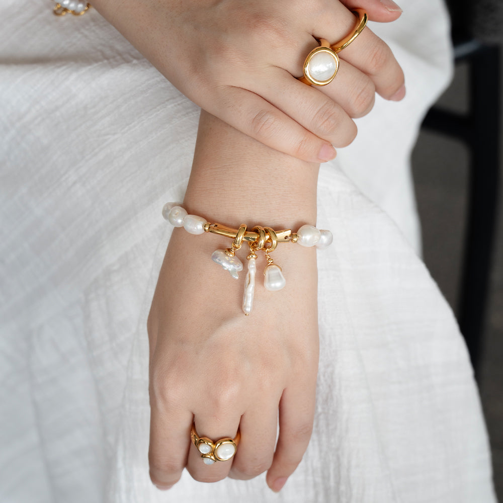 Velatti Freshwater Pearl Bar Bracelet with Charms