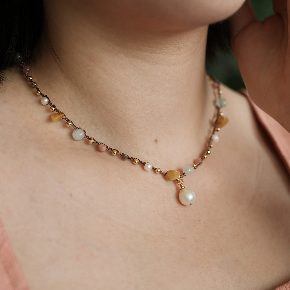 Velatti Hand Braided Necklace with Gemstones and Freshwater Pearl