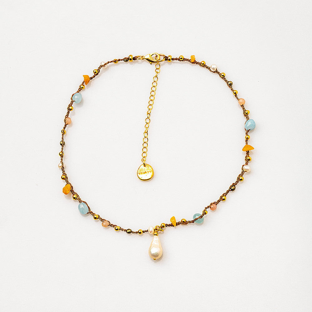 hand-braided metallic thread gemstone necklace with pearl