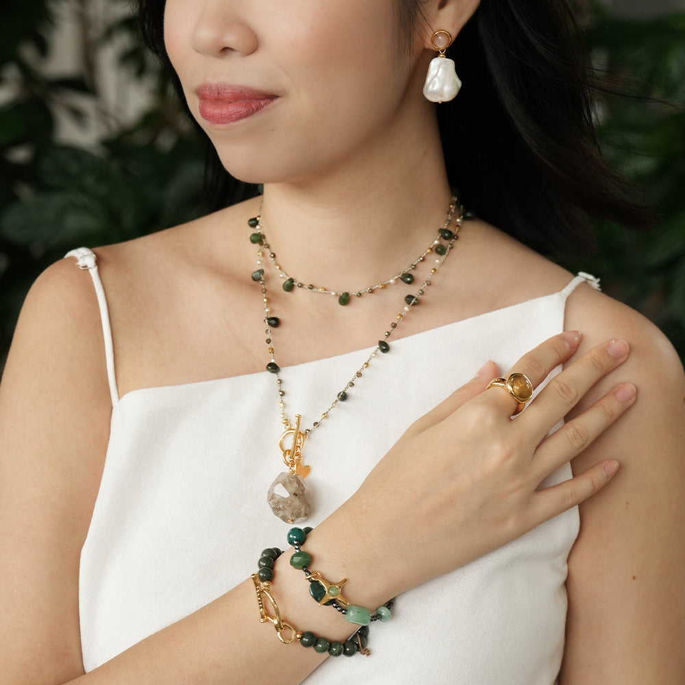Velatti Hand Braided Long Necklace with Jade, Pyrite & Rutilated Quartz Drop