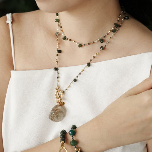 Velatti Hand Braided Long Necklace with Jade, Pyrite & Rutilated Quartz Drop