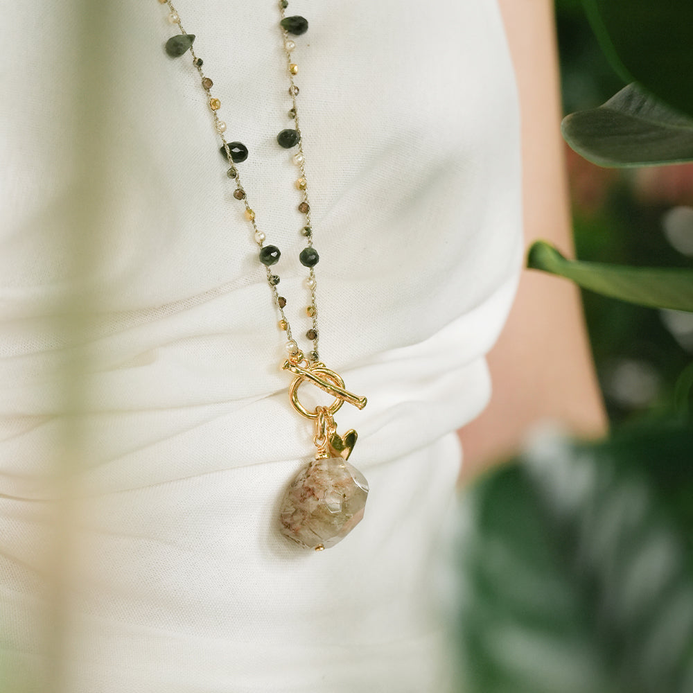 Velatti Hand Braided Long Necklace with Jade, Pyrite & Rutilated Quartz Drop