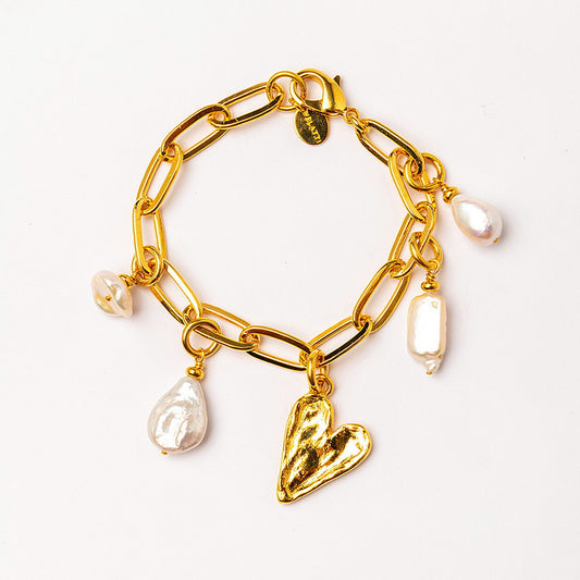 Velatti Heart Link Bracelet with Freshwater Pearls