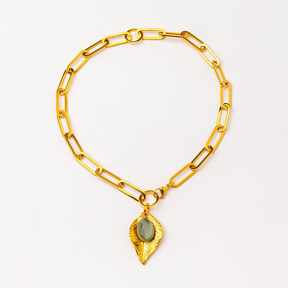 Velatti Leaf Charm Link Necklace with Gemstone